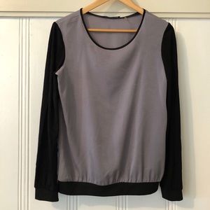 Tahari gray and black silk blouse